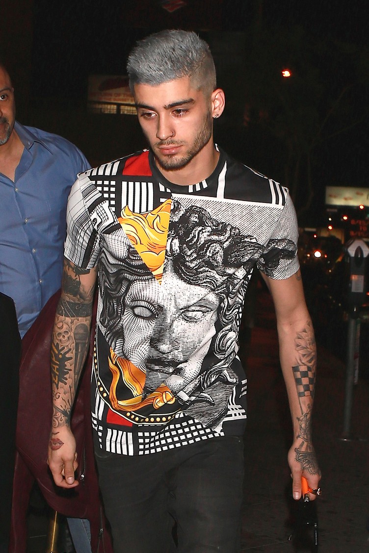 **USA ONLY** West Hollywood, CA - Zayn Malik debuts his new grey makeover as he steps out of 1OAK Nightclub in West Hollywood. The former One Direction singer has been a regular in the LA club scene since calling off his engagement to his longtime girlfriend Perrie Edwards. AKM-GSI          August 11, 2015 **USA ONLY** To License These Photos, Please Contact : Steve Ginsburg (310) 505-8447 (323) 423-9397 steve@akmgsi.com sales@akmgsi.com or Maria Buda (917) 242-1505 mbuda@akmgsi.com ginsburgspalyinc@gmail.com