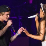 Justin Bieber and Ariana Grande show off their moves as they perform together during Ariana Grande’s The Honeymoon Tour at the Forum in Inglewood, CA