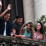 The cast of famous television series, Violetta and E’ Grave, seen interacting and greeting their fans from the terrace of Mondadori at Piazza Duomo in Milan