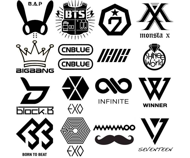 k-pop groups logos including Monsta X, MAMAMOO, SEVENTEEN, EXO, BIGBANG, BTS.